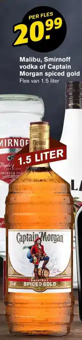 Hoogvliet Malibu, Smirnoff vodka of Captain Morgan spiced gold Fles van 1.5 liter aanbieding