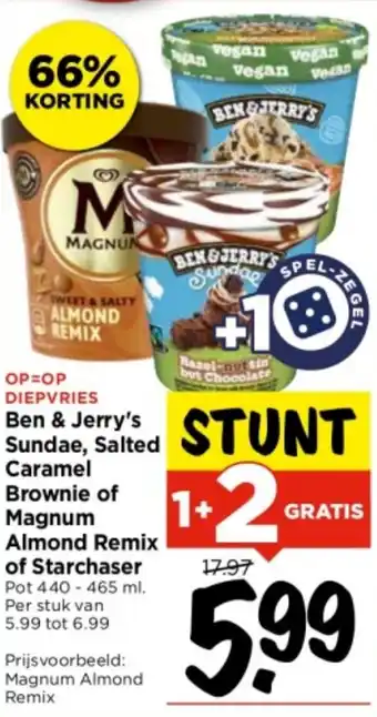 Vomar Voordeelmarkt Ben & Jerry's Sundae, Salted Caramel Brownie of Magnum Almond Remix of Starchaser aanbieding