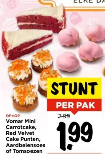 Vomar Voordeelmarkt Vomar Mini Carrotcake, Red Velvet Cake Punten, Aardbeiensoes of Tomsoezen aanbieding