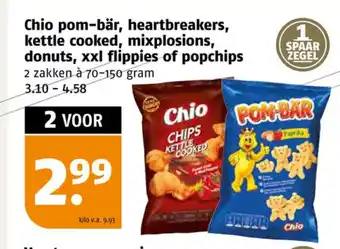 Poiesz Chio pom-bär, heartbreakers, kettle cooked, mixplosions, donuts, xxl flippies of popchips 2 zakken à 70-150 gram aanbieding