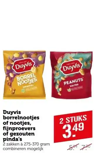 Coop Duyvis borrelnootjes of nootjes, fijnproevers of gezouten pinda's 2 zakken à 275-370 gram combineren mogelijk aanbieding