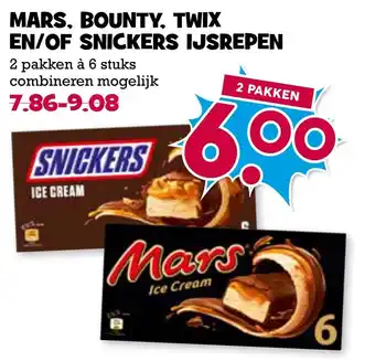 Boon`s Markt Mars, bounty, twix en/of snickers ijsrepen aanbieding