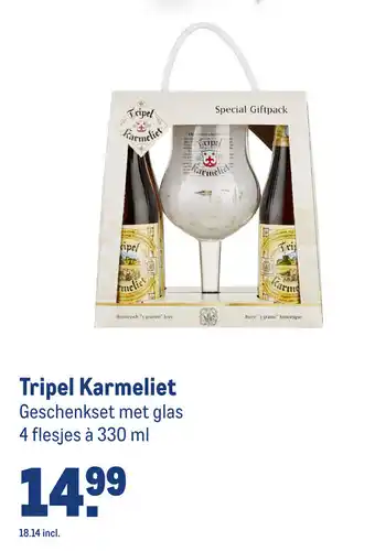 Makro Tripel Karmeliet Geschenkset met glas 4 flesjes à 330 ml aanbieding