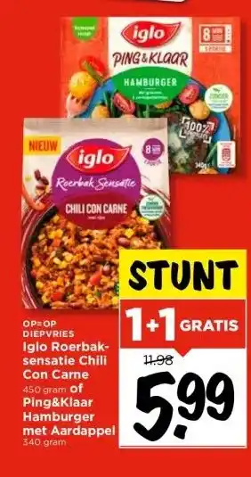 Vomar Voordeelmarkt Diepvries iglo roerbaksensatie chili con carne 450 gram of ping&klaar hamburger met aardappel 340 gram aanbieding