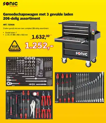 Toolspecial Sonic Gereedschapswagen met 3 gevulde laden 206-delig assortiment aanbieding