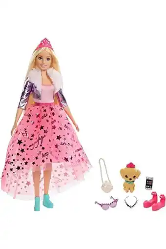 Amazon Barbie princess adventure pop in prinsessenoutfit (blond, ruim 30 cm) barbie pop met puppy, 2 paar schoenen, diadeem en 4 acc aanbieding