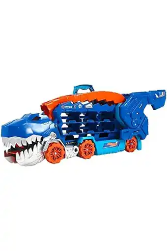 Amazon Hot wheels city ultieme vrachtwagen, transformeert in stampende t-rex met racebaan, licht en geluid, opbergkist voor speelgoe aanbieding