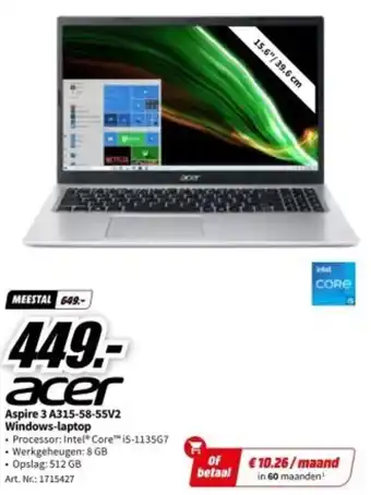 MediaMarkt acer Aspire 3 A315-58-55V2 Windows-laptop aanbieding