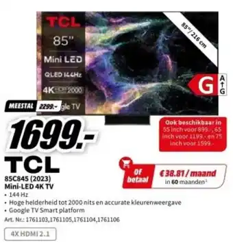 MediaMarkt TCL 85C845 (2023) Mini-LED 4K TV aanbieding