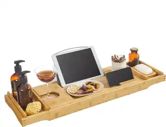 Amazon Songmics badplank, uittrekbare badkuipplank van bamboe, verstelbaar badplank, badkuiprek, met bekerhouder, boekensteun, zeeph aanbieding