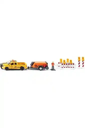 Amazon Siku 3505, ram 1500 pick-up with compressor trailer, 1:50, metal/plastic, yellow/orange, incl. barriers and toy figure aanbieding