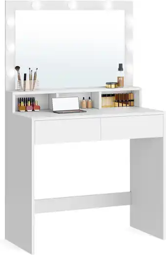 Amazon Vasagle kaptafel, kaptafel, cosmeticatafel met 9 led lampen en spiegel, instelbare lichtsterkte, 2 laden en 3 open vakken, la aanbieding