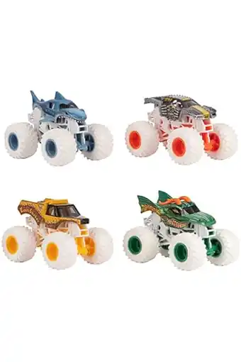 Amazon Monster jam, 4 stuks snow drifters-monstertrucks, officiële dragon, megalodon, earth shaker en max-d, schaal van 1:64 aanbieding