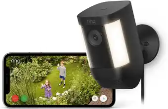 Amazon Maak kennis met de ring spotlight cam pro plug-in van amazon | 1080p hd-video met hdr, 3d-bewegingsdetectie, vogelperspectief aanbieding