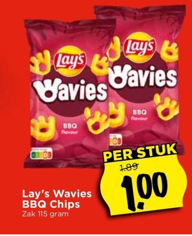 Lay's Wavies BBQ Chips Zak 115 gram aanbieding bij Vomar