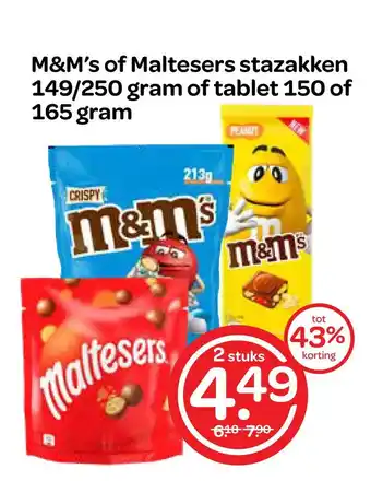 Spar M&m's of maltesers stazakken 149/250 gram of tablet 150 of 165 gram peamit aanbieding