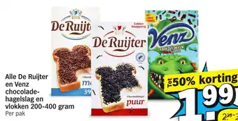 Albert Heijn Alle De Ruijter en Venz chocolade-hagelslag en vlokken 200-400 gram aanbieding