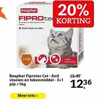 Pets Place Beaphar Fiprotec Cat - Anti Vlooien En Tekenmiddel - 3+1 Pip >1Kg 20% Korting aanbieding