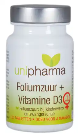 De Online Drogist Unipharma foliumzuur + vitamine d3 tabletten 120st aanbieding