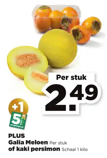 PLUS PLUS Galia Meloen per stuk of kaki persimon Schaal 1 kilo aanbieding