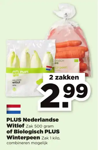 PLUS PLUS Nederlandse Witlof Zak 500 gram of Biologisch PLUS Winterpeen Zak 1 kilo aanbieding
