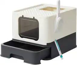 Amazon Feandrea kattenbak, kattentoilet, met deksel, uittrekbaar dienblad, schep, borstel, ruim voor katten tot 15 kg, minder sporen aanbieding