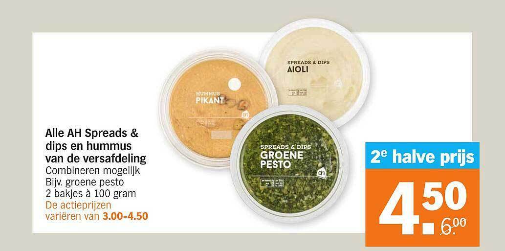 Alle AH Spreads& dips en hummus van de versafdeling groene pesto 100g