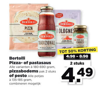 PLUS Bertolli pizza- of pastasaus alle varianten à 180-690 gram, pizzabodems pak 2 stuks of pesto alle potjes à 135-185 gram, aanbieding