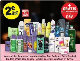 Kruidvat Andrélon, Axe, Badedas, Dove, Neutral, Prodent White Now, Rexona, Simple, Vaseline, Zendium en Zwitsal aanbieding