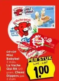 Vomar Voordeelmarkt Op=op mini babybel 3 stuks, la vache qui rit 120 gram, cheez dippers pak 3 stuks aanbieding