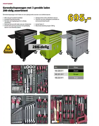 Toolspecial Kraftwerk Gereedschapswagen met 3 gevulde laden 286-delig assortiment Zwart | 102.220.511 aanbieding