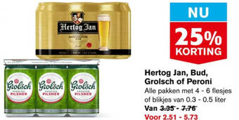 Hoogvliet Hertog Jan, Bud, Grolsch of Peroni aanbieding