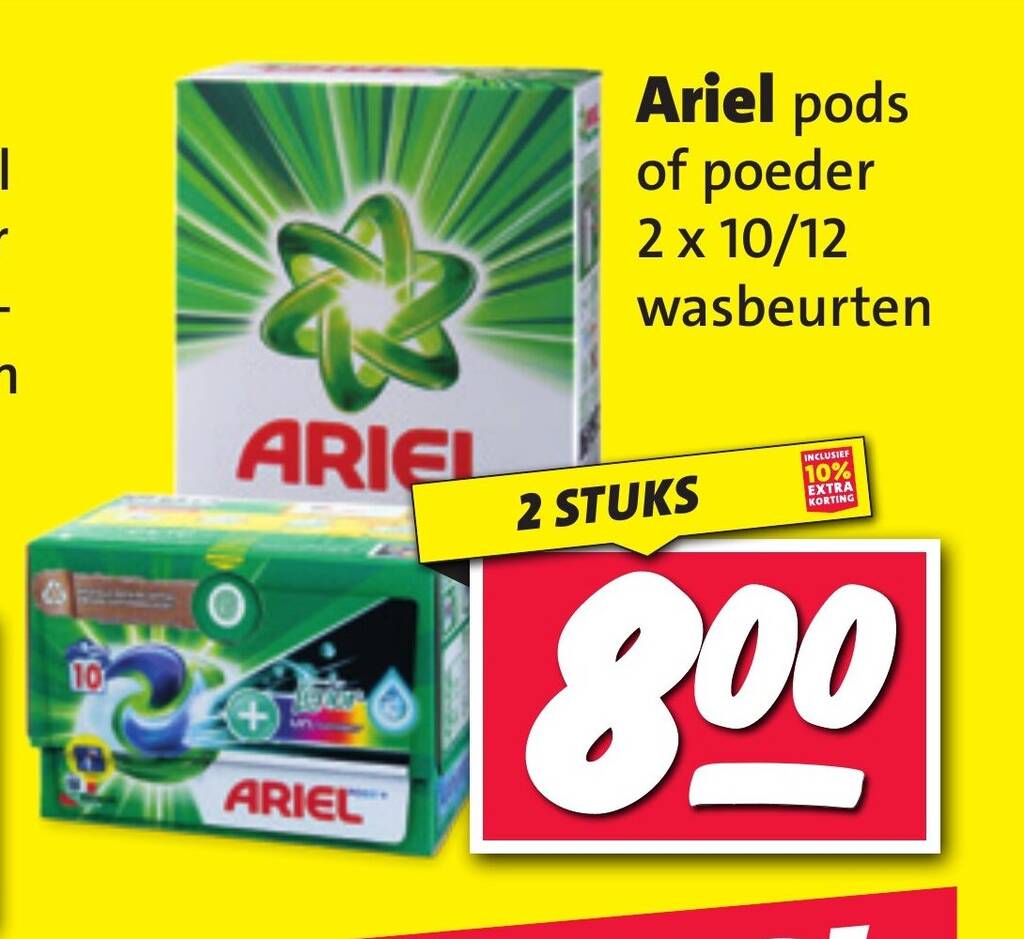 Ariel pods of poeder 2 x 10/12 wasbeurten aanbieding bij Nettorama
