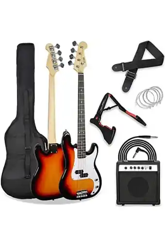 Amazon 3rd avenue 4/4 formaat elektrische basgitaar, beginnerspakket met 15w versterker, tas, kabel, gitaarband, statief en reserves aanbieding