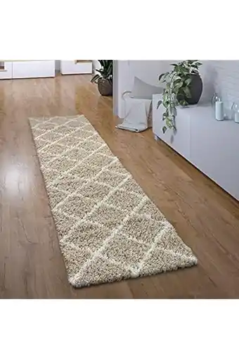 Amazon Hoogpolig vloerkleed loper gang slaapkamer shaggy langpolig modern scandinavisch ruitpatroon, maat:80x300 cm, kleur:beige aanbieding