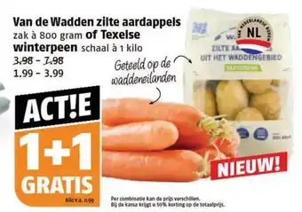 Poiesz Van de Wadden zilte aardappels zak à 800 gram of Texelse winterpeen schaal à 1 kilo aanbieding