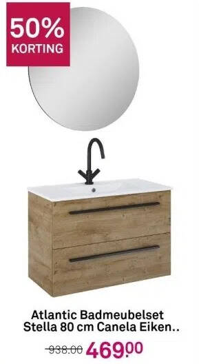 Karwei Atlantic badmeubelset stella 80 cm canela eiken met spiegel en witte wastafel aanbieding