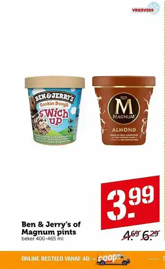 Coop Ben & Jerry's of Magnum pints 400-465ml aanbieding