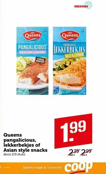 Coop Queens pangalicious, lekkerbekjes of Asian style snacks 2/9 stuks aanbieding