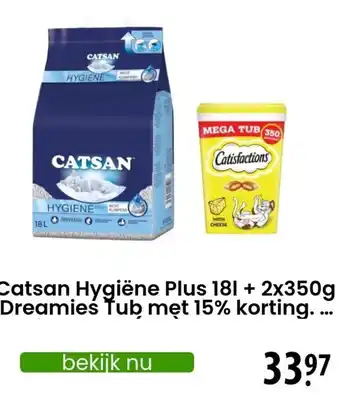 Zooplus Catsan Hygiëne Plus 181 + 2x350g Dreamies Tub met 15% korting.... aanbieding