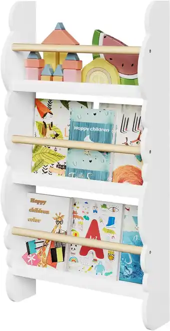 Amazon Woltu kr013ws boekenrek voor kinderen, wandrek, boekenorganizer met 3 planken, kinderrek voor boekopslag, van grenenhout e1 m aanbieding