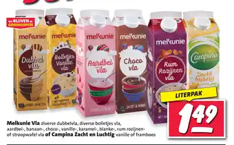 Nettorama Melkunie vla diverse dubbelvla, diverse bolletjes vla, aardbei-, banaan-, choco-, vanille-, karamel-, blanke-, rum rozijnen- aanbieding