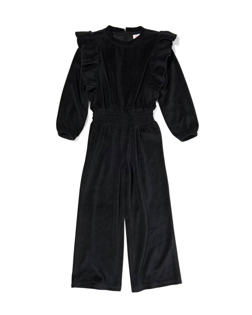 Hema kinder jumpsuit velours met ruffles zwart (zwart) aanbieding bij HEMA