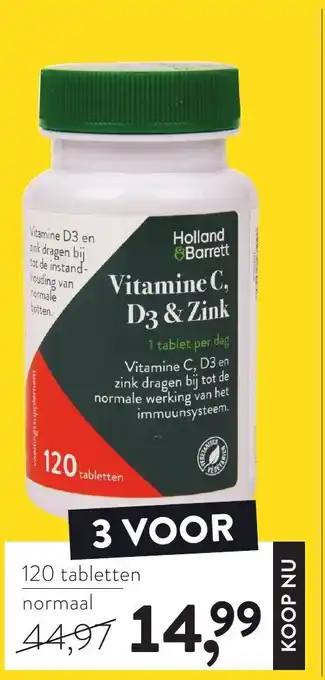 Holland & Barrett Holland & Barrett Vitamine C, D3 & Zink 3*120 tabs aanbieding