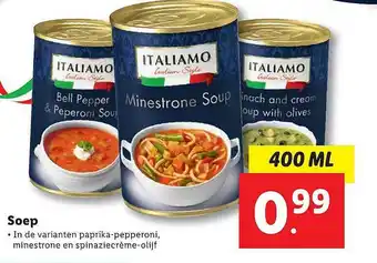 Lidl Italiamo Soep Paprika-Pepperoni, Minestrone Enn Spinaziecrème-Olijf 400ml aanbieding