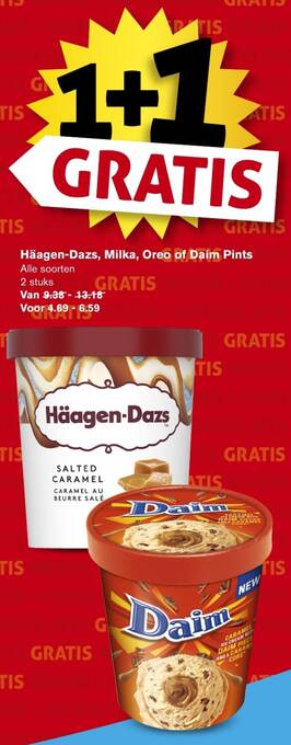 Hoogvliet HäagenDazs, Milka, Oreo of Daim Pints aanbieding
