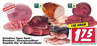 Nettorama Gebakken Tapas Spek', Beenham', Zwartewoudham' Gegrilde Kip' of Runderrollade' 100 gram aanbieding