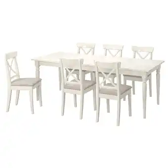 IKEA Ingatorp / ingolf tafel met 6 stoelen, wit wit/hallarp beige, 155/215 cm aanbieding