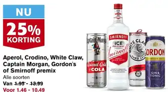 Hoogvliet Aperol, Crodino, White Claw, Captain Morgan, Gordon's of Smirnoff premix aanbieding