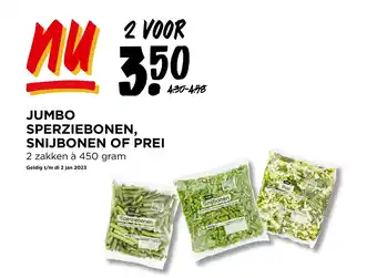 Jumbo JUMBO SPERZIEBONEN, SNIJBONEN OF PREI 450 gram aanbieding